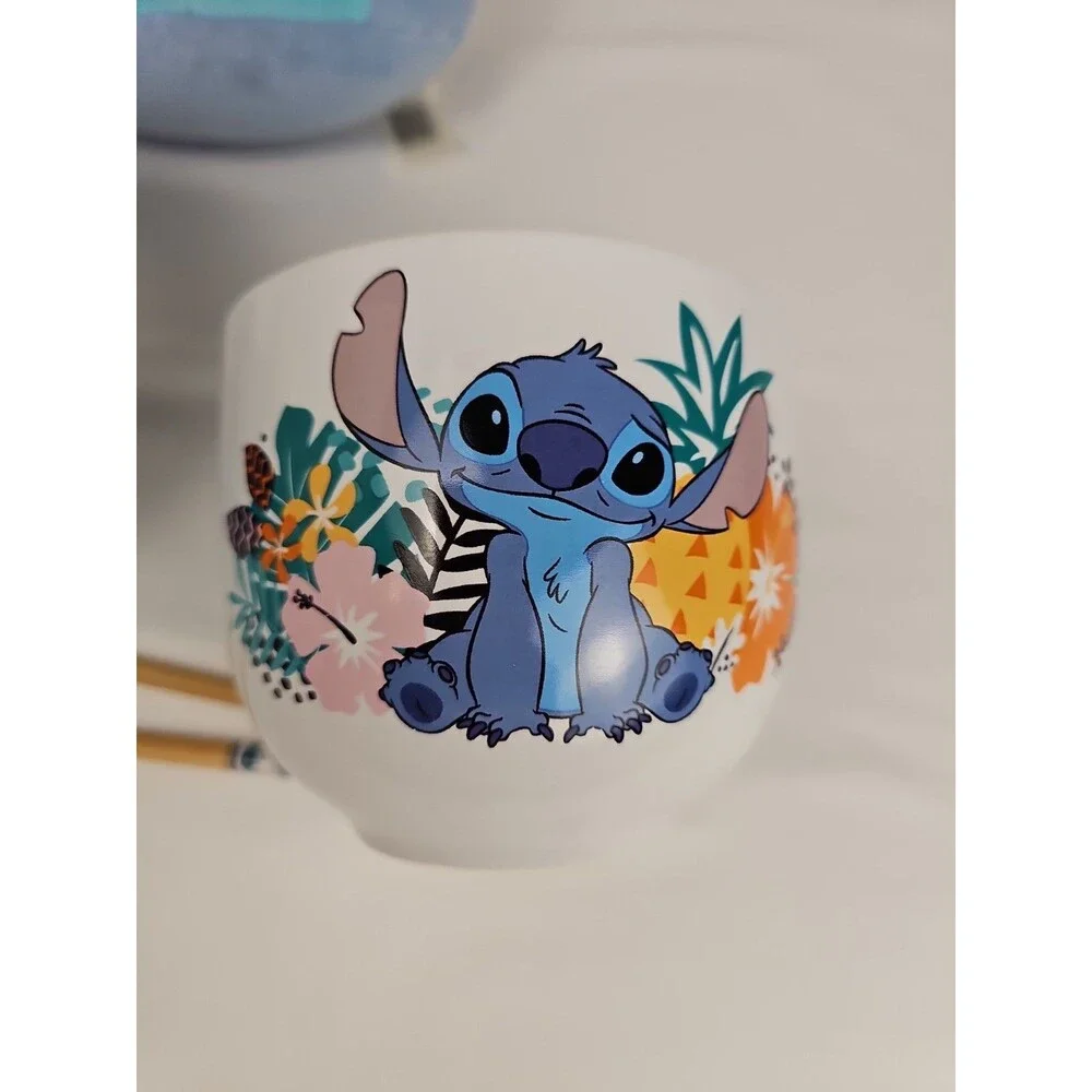 Disney Lilo & Stitch Ceramic Ramen Bowl Set 2 Tropical Chopstick Bowls w/Plush